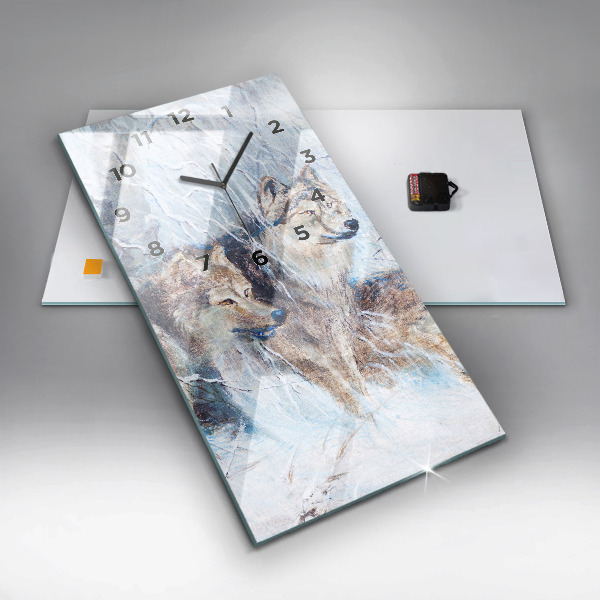 Ceas vertical de perete din sticlă Lupi în pădure