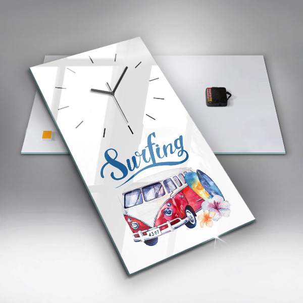 Ceas vertical de perete din sticlă Mașină și inscripția Surfing