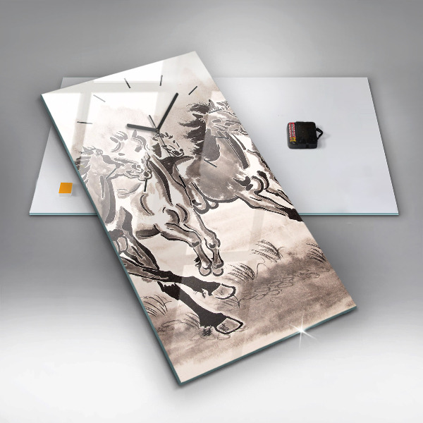 Ceas vertical de perete din sticlă Cai în galop