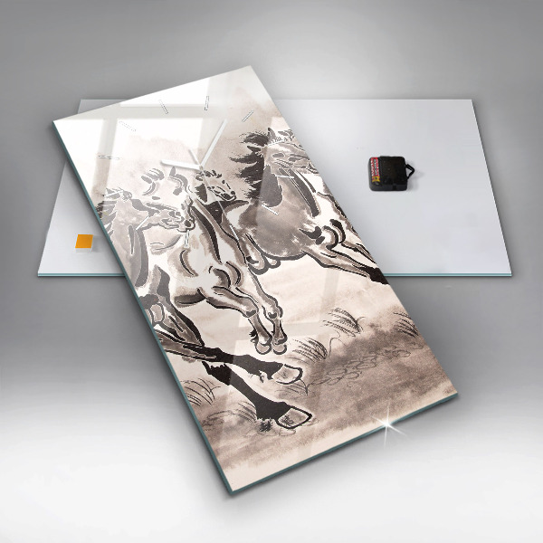 Ceas vertical de perete din sticlă Cai în galop