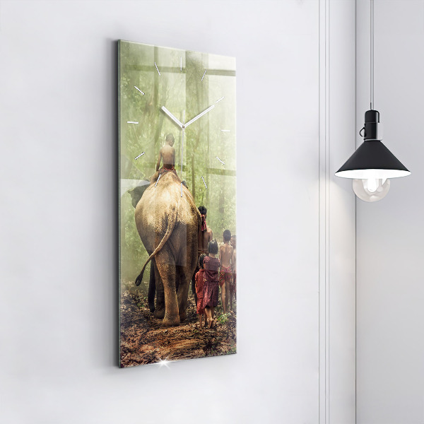 Ceas vertical de perete din sticlă Copii care conduc un elefant