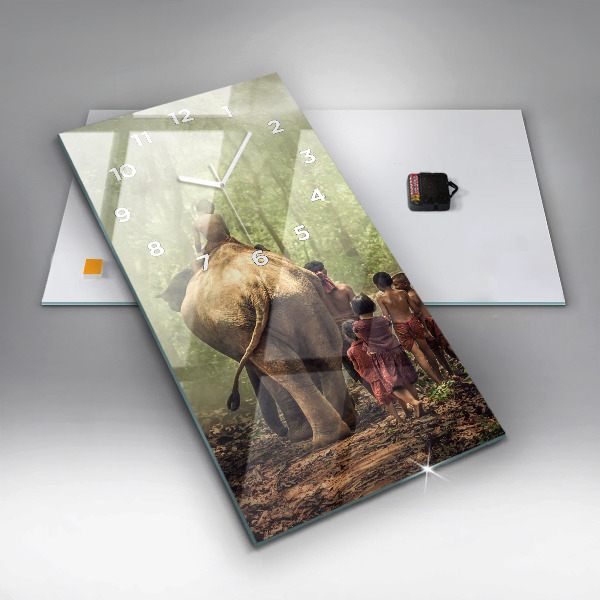 Ceas vertical de perete din sticlă Copii care conduc un elefant