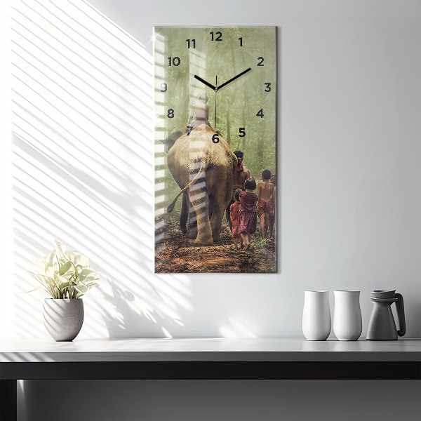 Ceas vertical de perete din sticlă Copii care conduc un elefant