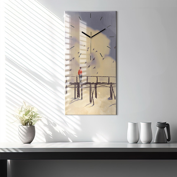 Ceas vertical de perete din sticlă Omul pe podul vechi