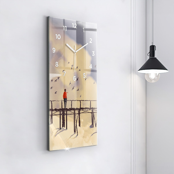 Ceas vertical de perete din sticlă Omul pe podul vechi