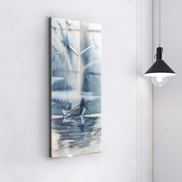 Ceas vertical de perete din sticlă Pescar pe lac