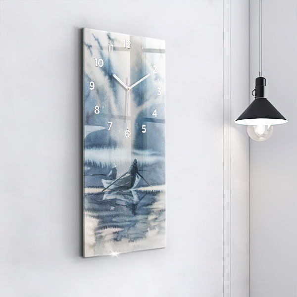 Ceas vertical de perete din sticlă Pescar pe lac