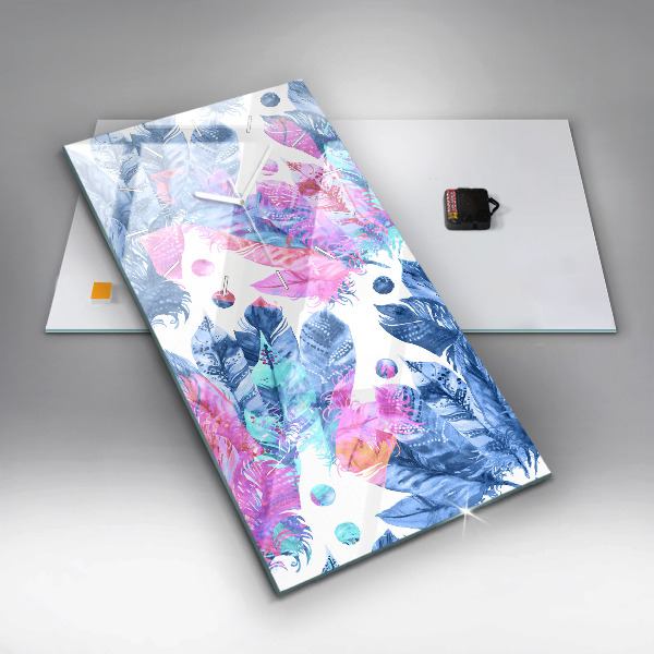 Ceas vertical de perete din sticlă Pene colorate