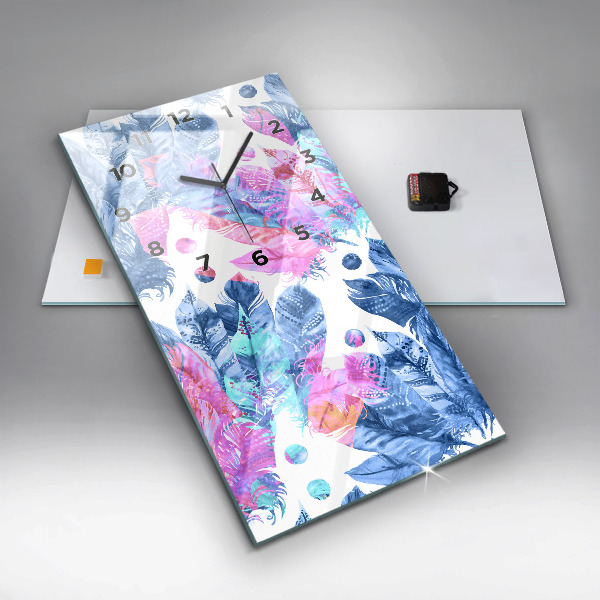 Ceas vertical de perete din sticlă Pene colorate