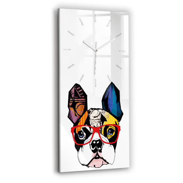 Ceas vertical de perete din sticlă Bulldog francez cu ochelari