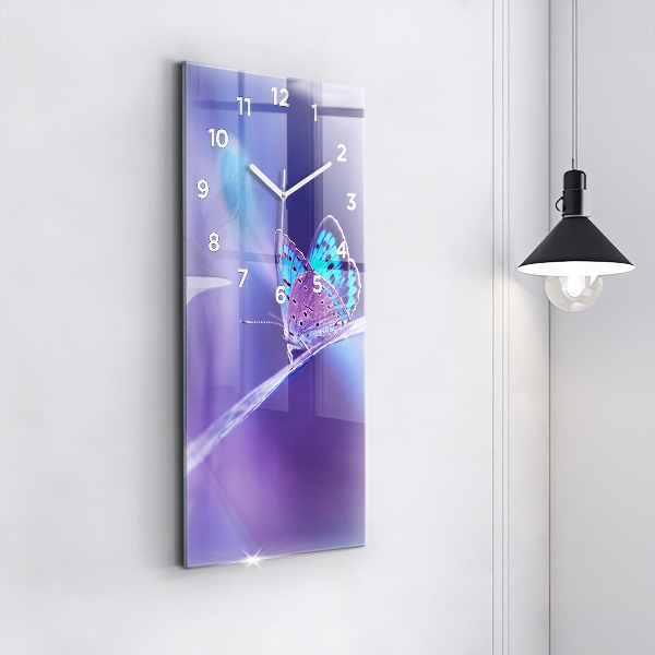 Ceas vertical de perete din sticlă Fluture pe iarbă