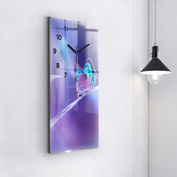 Ceas vertical de perete din sticlă Fluture pe iarbă