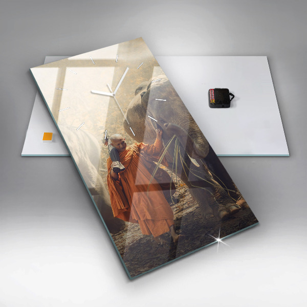 Ceas vertical de perete din sticlă Un călugăr care conduce elefanți