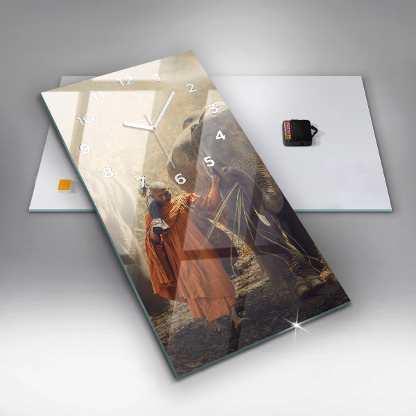 Ceas vertical de perete din sticlă Un călugăr care conduce elefanți