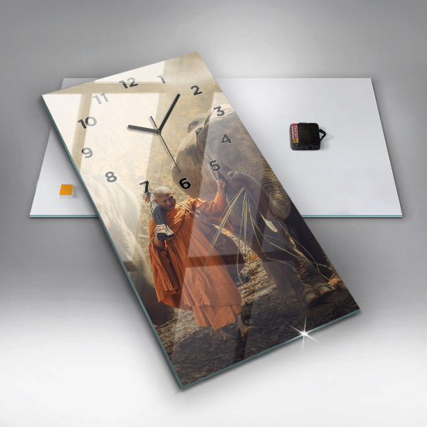 Ceas vertical de perete din sticlă Un călugăr care conduce elefanți