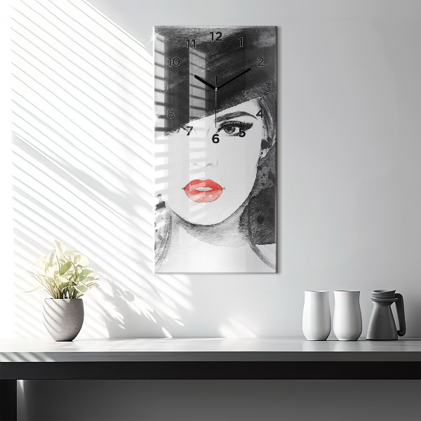 Ceas vertical de perete din sticlă Femeie cu pălărie