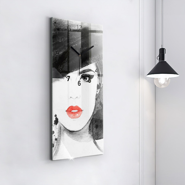 Ceas vertical de perete din sticlă Femeie cu pălărie