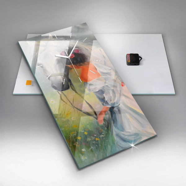 Ceas vertical de perete din sticlă Femeie frumoasă cu un cal