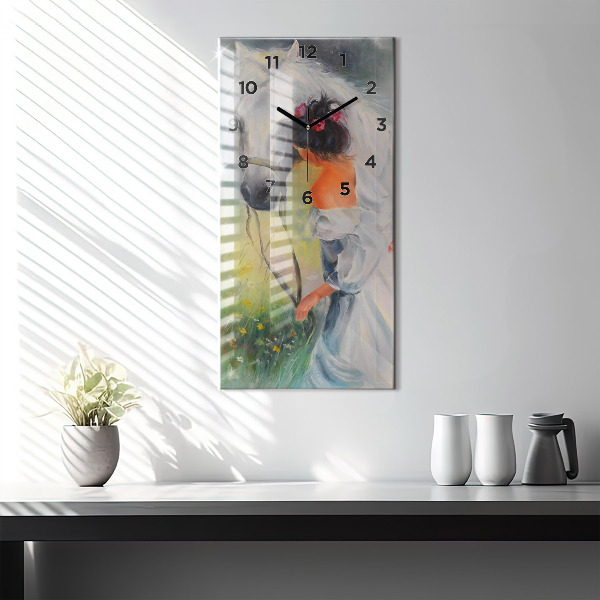 Ceas vertical de perete din sticlă Femeie frumoasă cu un cal