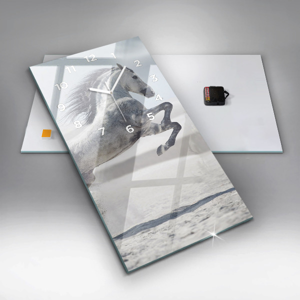 Ceas vertical de perete din sticlă Cal alb în galop