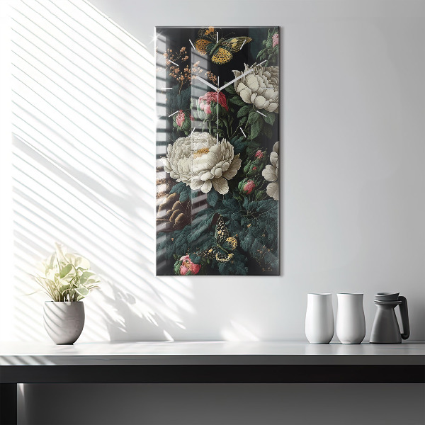 Ceas vertical de perete din sticlă Floare și fluturi aurii