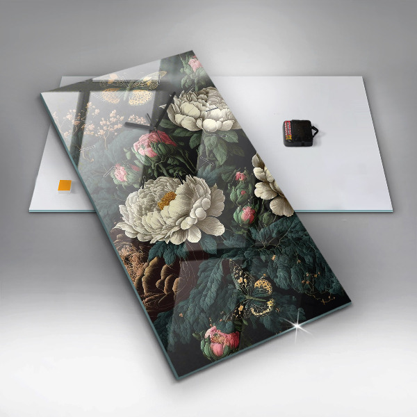 Ceas vertical de perete din sticlă Floare și fluturi aurii