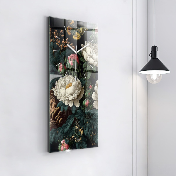 Ceas vertical de perete din sticlă Floare și fluturi aurii