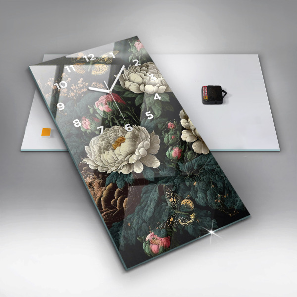 Ceas vertical de perete din sticlă Floare și fluturi aurii