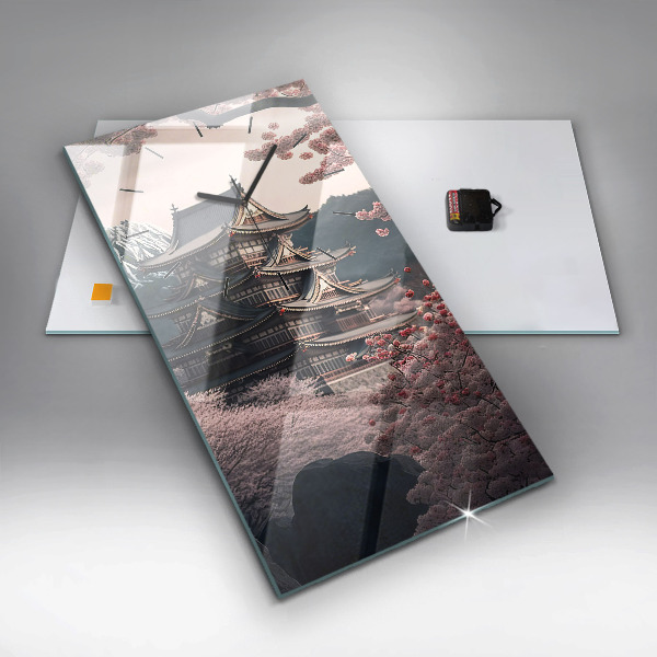 Ceas vertical de perete din sticlă Turn și flori în Asia