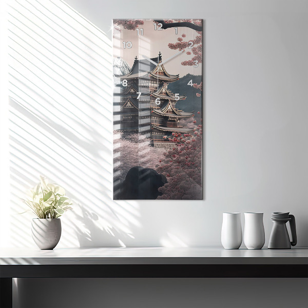 Ceas vertical de perete din sticlă Turn și flori în Asia