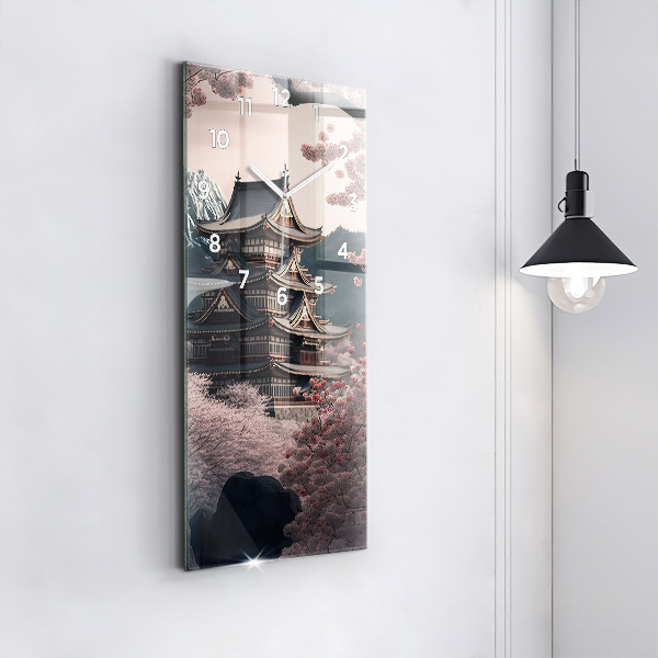 Ceas vertical de perete din sticlă Turn și flori în Asia