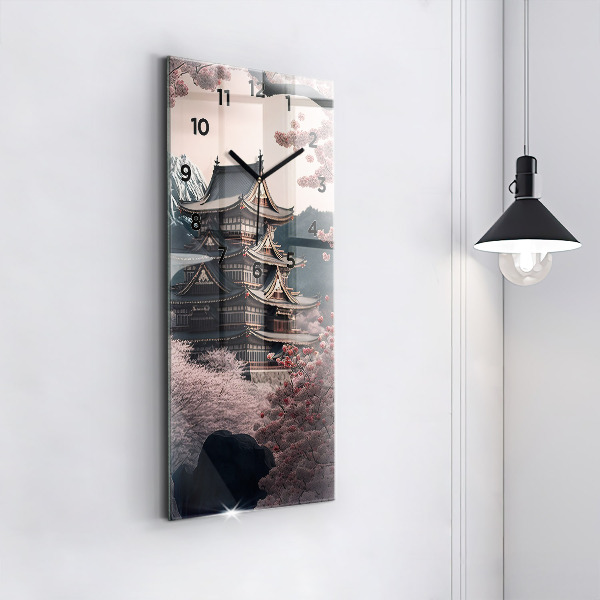 Ceas vertical de perete din sticlă Turn și flori în Asia