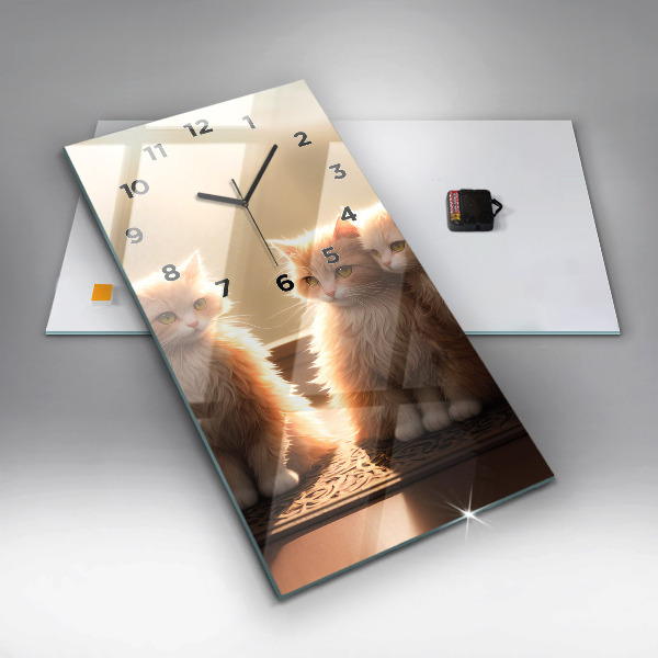 Ceas vertical de perete din sticlă Patru pisoi la soare