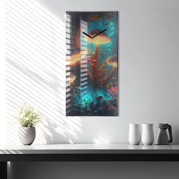 Ceas vertical de perete din sticlă Pădure și ciuperci magice