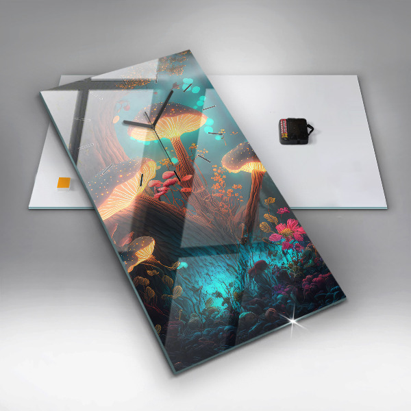 Ceas vertical de perete din sticlă Pădure și ciuperci magice