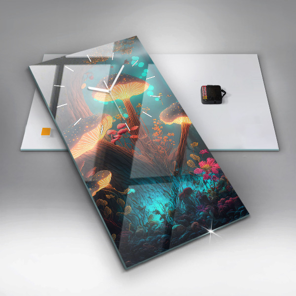 Ceas vertical de perete din sticlă Pădure și ciuperci magice