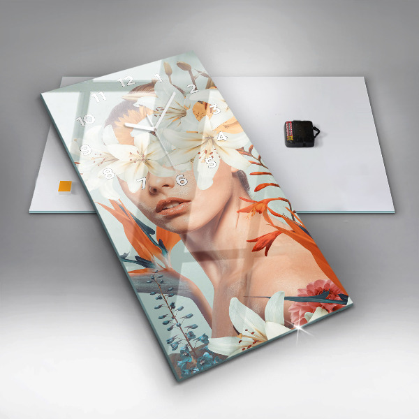 Ceas vertical de perete din sticlă Femeie cu flori