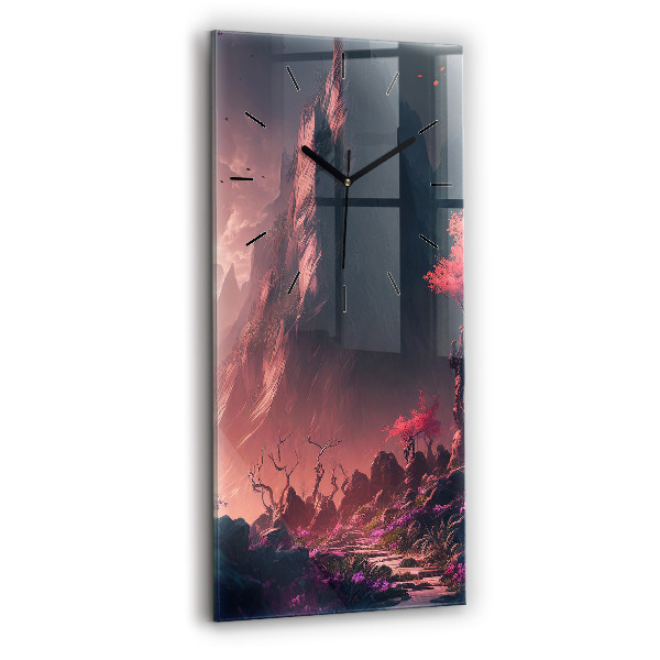 Ceas vertical de perete din sticlă Pădure și munți magici