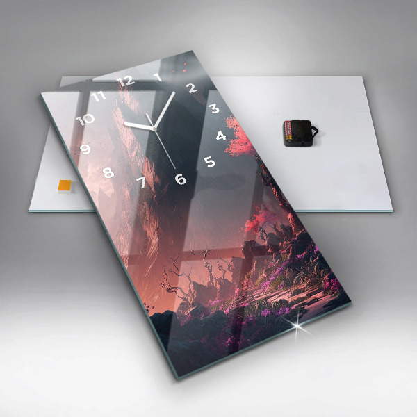 Ceas vertical de perete din sticlă Pădure și munți magici