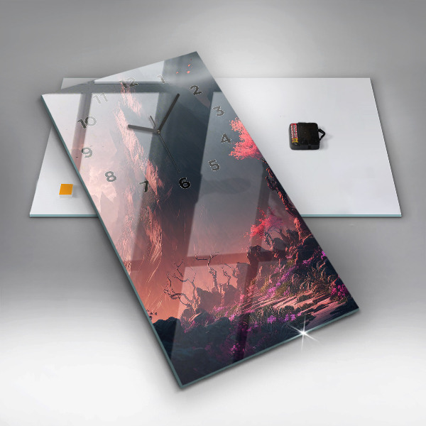 Ceas vertical de perete din sticlă Pădure și munți magici