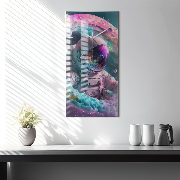 Ceas vertical de perete din sticlă Cosmonaut și nori colorați