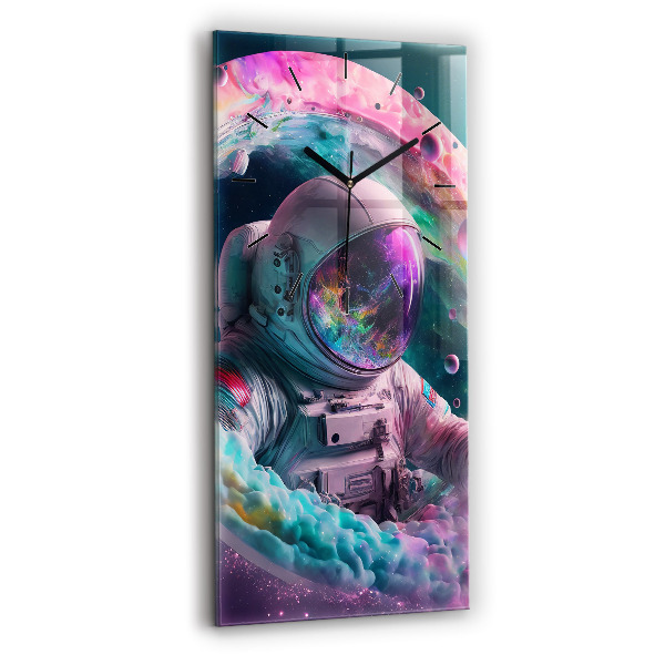 Ceas vertical de perete din sticlă Cosmonaut și nori colorați