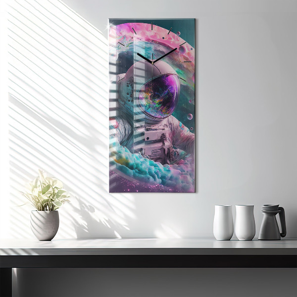 Ceas vertical de perete din sticlă Cosmonaut și nori colorați