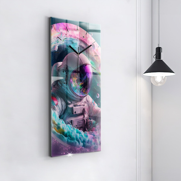 Ceas vertical de perete din sticlă Cosmonaut și nori colorați