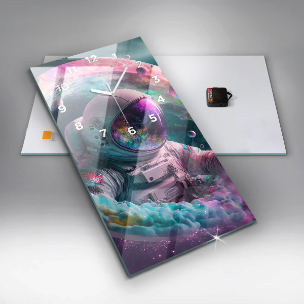 Ceas vertical de perete din sticlă Cosmonaut și nori colorați