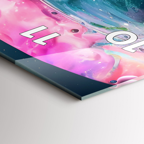 Ceas vertical de perete din sticlă Cosmonaut și nori colorați