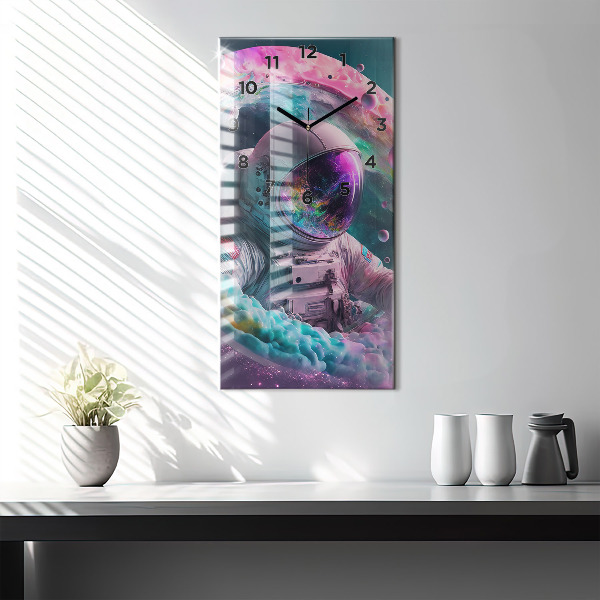 Ceas vertical de perete din sticlă Cosmonaut și nori colorați