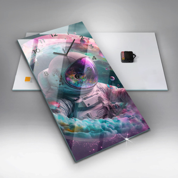 Ceas vertical de perete din sticlă Cosmonaut și nori colorați