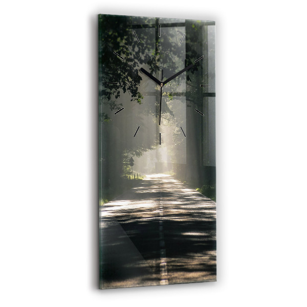 Ceas vertical de perete din sticlă Drum forestier și dâre de lumină solară