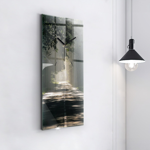 Ceas vertical de perete din sticlă Drum forestier și dâre de lumină solară